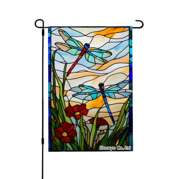 Jbralid Stained Glass Dragonfly Garden Flag With Red Flowers And Blue Sky Design For Spring Summer Home Outdoor Garden Yard Door Decor 12x18 inch