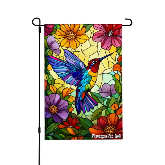 Jbralid Stained Glass Hummingbird And Flowers Garden Flag For Spring Summer Home Outdoor Garden Yard Door Decor 12x18 inch