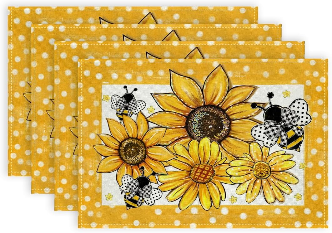 Jbralid Summer Placemats 12x18 Inches Set of 4, Sunflower Bee Yellow ...