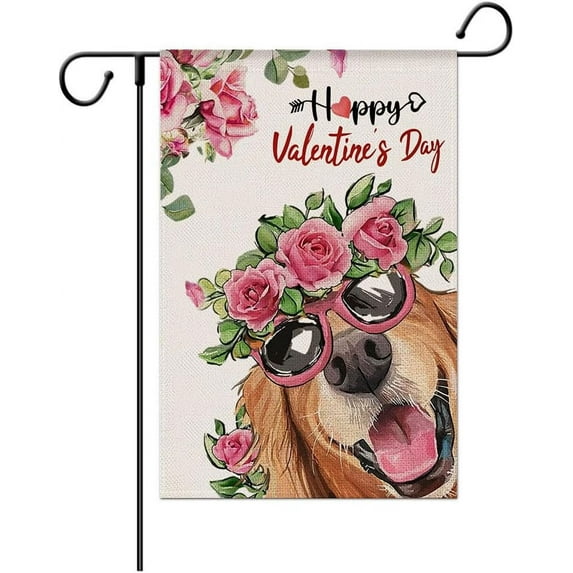 Jbralid Valentine's Day Dog Garden Flag Love And Kisses Golden Retriever Red Pink Love Heart Wedding Anniversary Banner Vertical Double Sided 12 x 18 Inch Spring Farmhouse