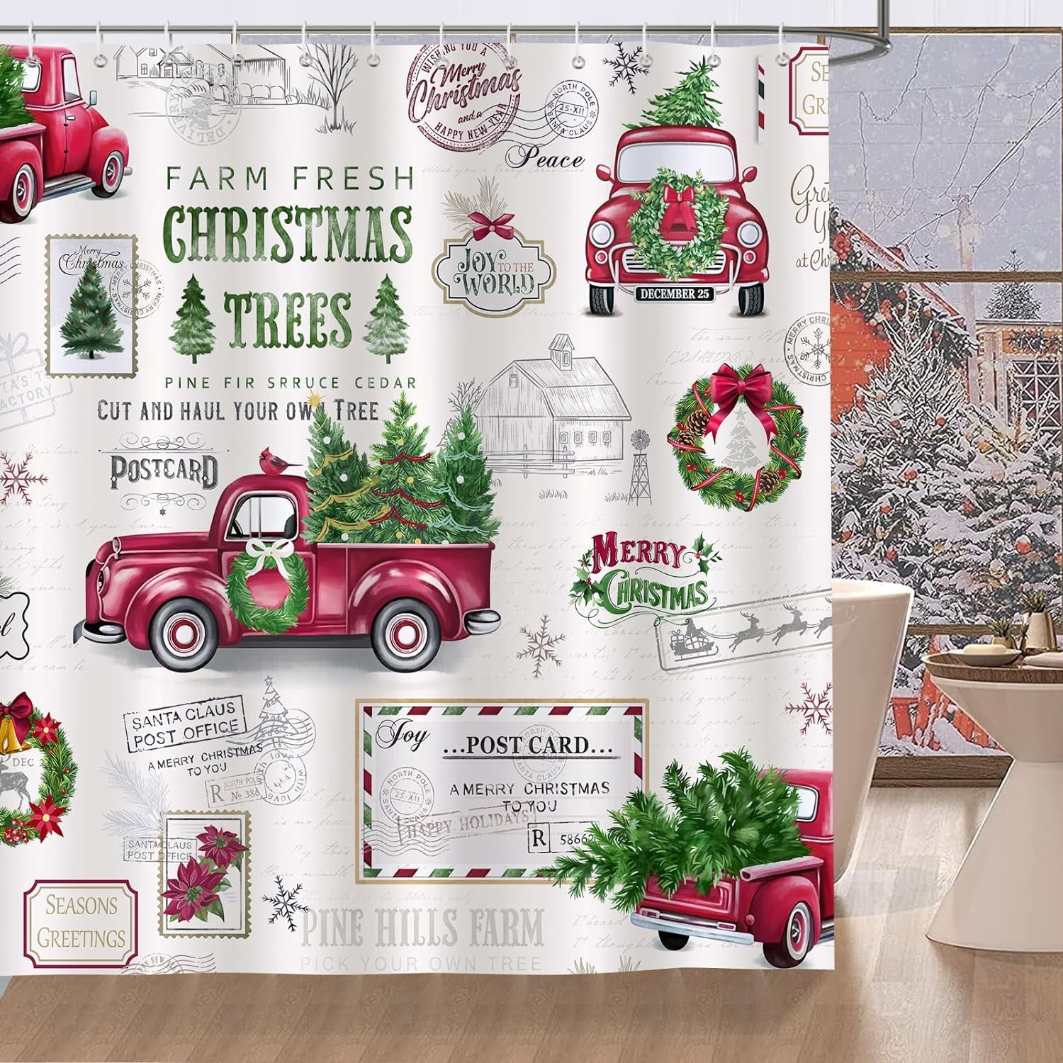 Jbralid Vintage Christmas Shower Curtain Red Truck with Christmas Tree Wreath Classical