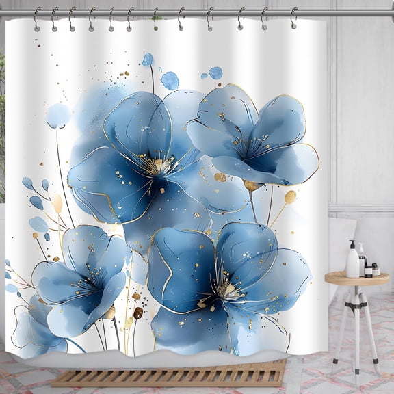 Jbralid Watercolor Blue Floral Shower Curtain Minimalist Abstract Modern Art Blue Flower Waterproof Polyester Shower Curtain with Hooks 72x72 inch