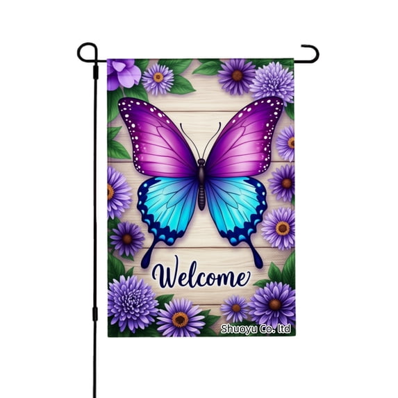 Jbralid Welcome Butterfly Garden Flag With Purple And Blue Wings Surrounded By Flowers For Spring Summer Home Outdoor Garden Yard Door Decor 12x18 inch