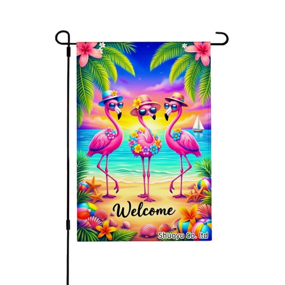 Jbralid Welcome Flamingos Tropical Beach Scene Linen Garden Flag for Spring Summer Home Outdoor Garden Yard Door Decor 12x18 inch