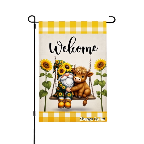Jbralid Welcome Garden Gnome And Cow On Swing With Sunflowers Linen Garden Flag For Spring Summer Home Outdoor Garden Yard Door Decor 12x18 inch