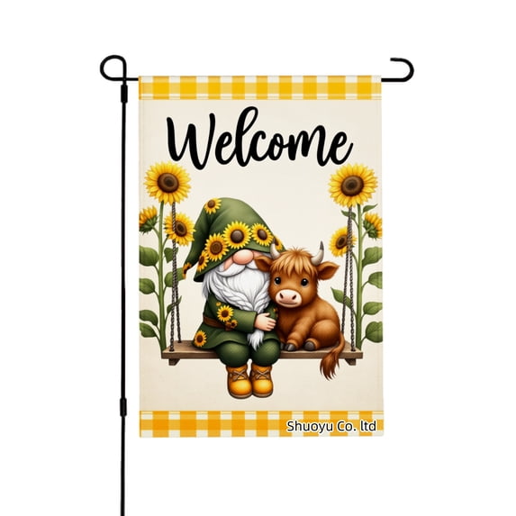 Jbralid Welcome Garden Gnome And Cow Sunflower Flag For Spring Summer Home Outdoor Garden Yard Door Decor 12x18 inch