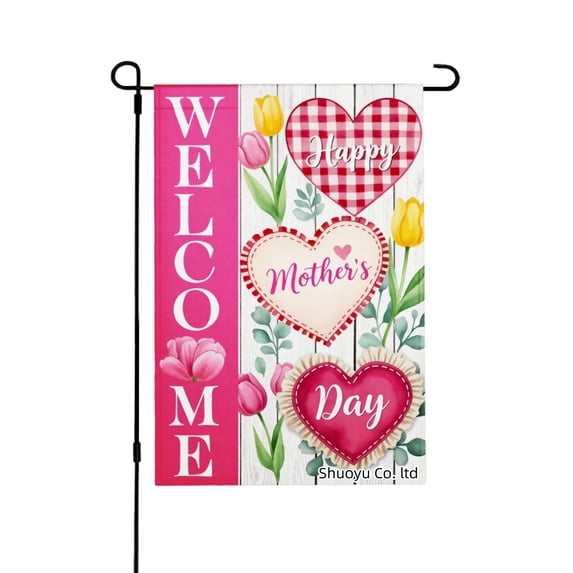 Jbralid Welcome Happy Mothers Day Garden Flag With Pink Hearts Tulips And Flowers For Spring Summer Home Outdoor Garden Yard Door Decor 12x18 inch