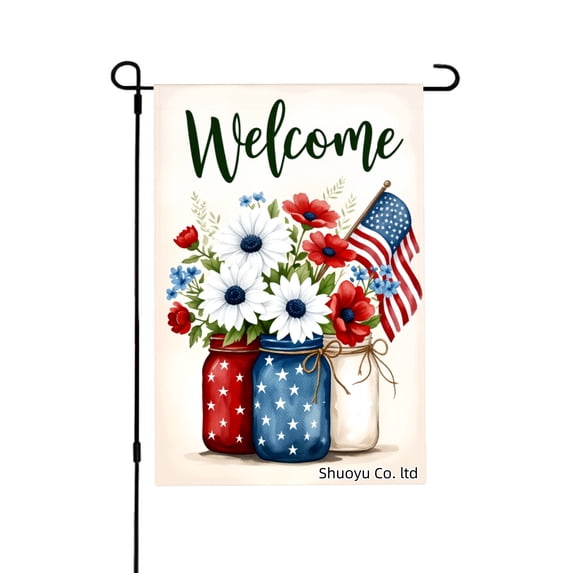 Jbralid Welcome Patriotic Flowers And American Flag Linen Garden Flag For Spring Summer Home Outdoor Garden Yard Door Decor 12x18 inch