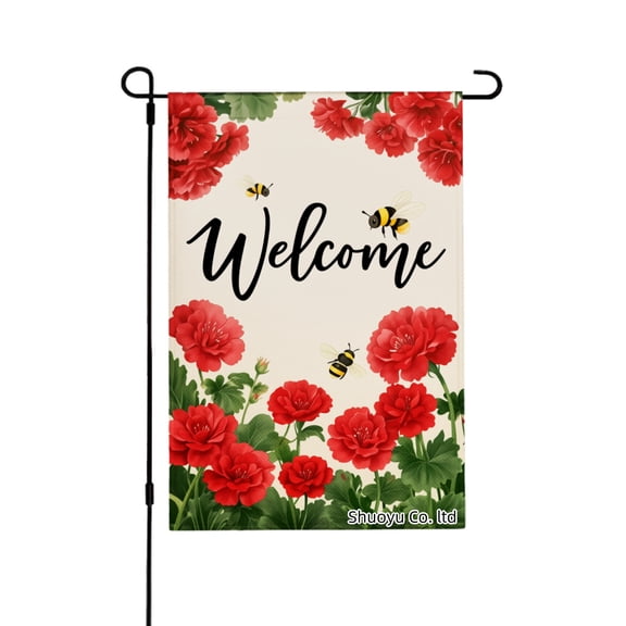 Jbralid Welcome Red Flowers And Bees Linen Garden Flag For Spring Summer Home Outdoor Garden Yard Door Decor 12x18 inch