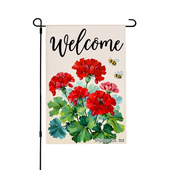 Jbralid Welcome Red Flowers And Bees Linen Garden Flag For Spring Summer Home Outdoor Garden Yard Door Decor 12x18 inch