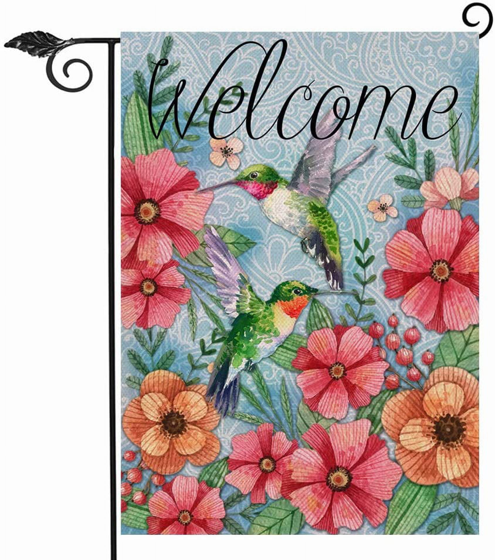 Welcome Spring Hummingbird Garden Flag with Floral Design