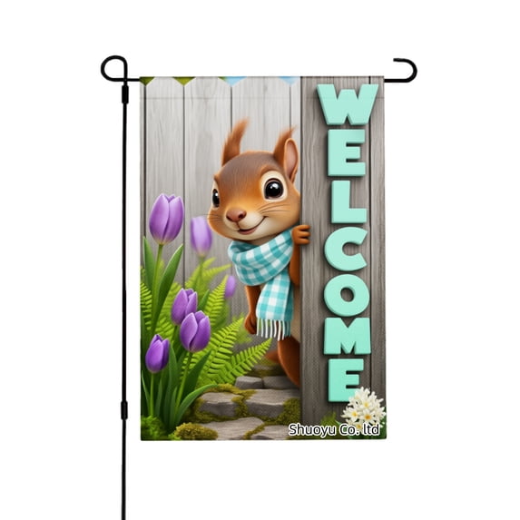 Jbralid Welcome Spring Squirrel Garden Flag With Purple Flowers And Ferns For Spring Summer Home Outdoor Garden Yard Door Decor 12x18 inch