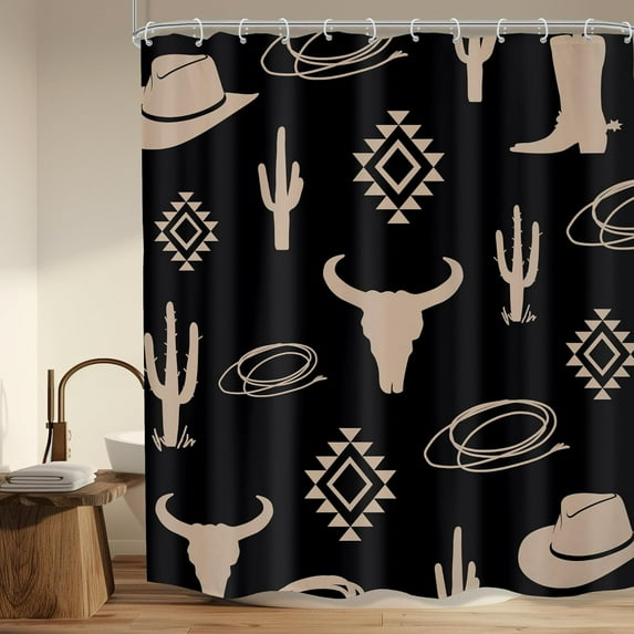 Jbralid Western Boho Shower Curtain 72Wx72H Cow Skull Bull Vintage Farmhouse Bathroom Decor Black Polyester Bath Curtain with 12 Hooks