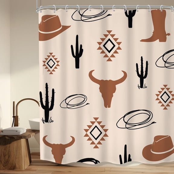 Jbralid Western Boho Shower Curtain 72Wx72H Cow Skull Bull Vintage Farmhouse Bathroom Decor Brown Beige Polyester Bath Curtain with 12 Hooks