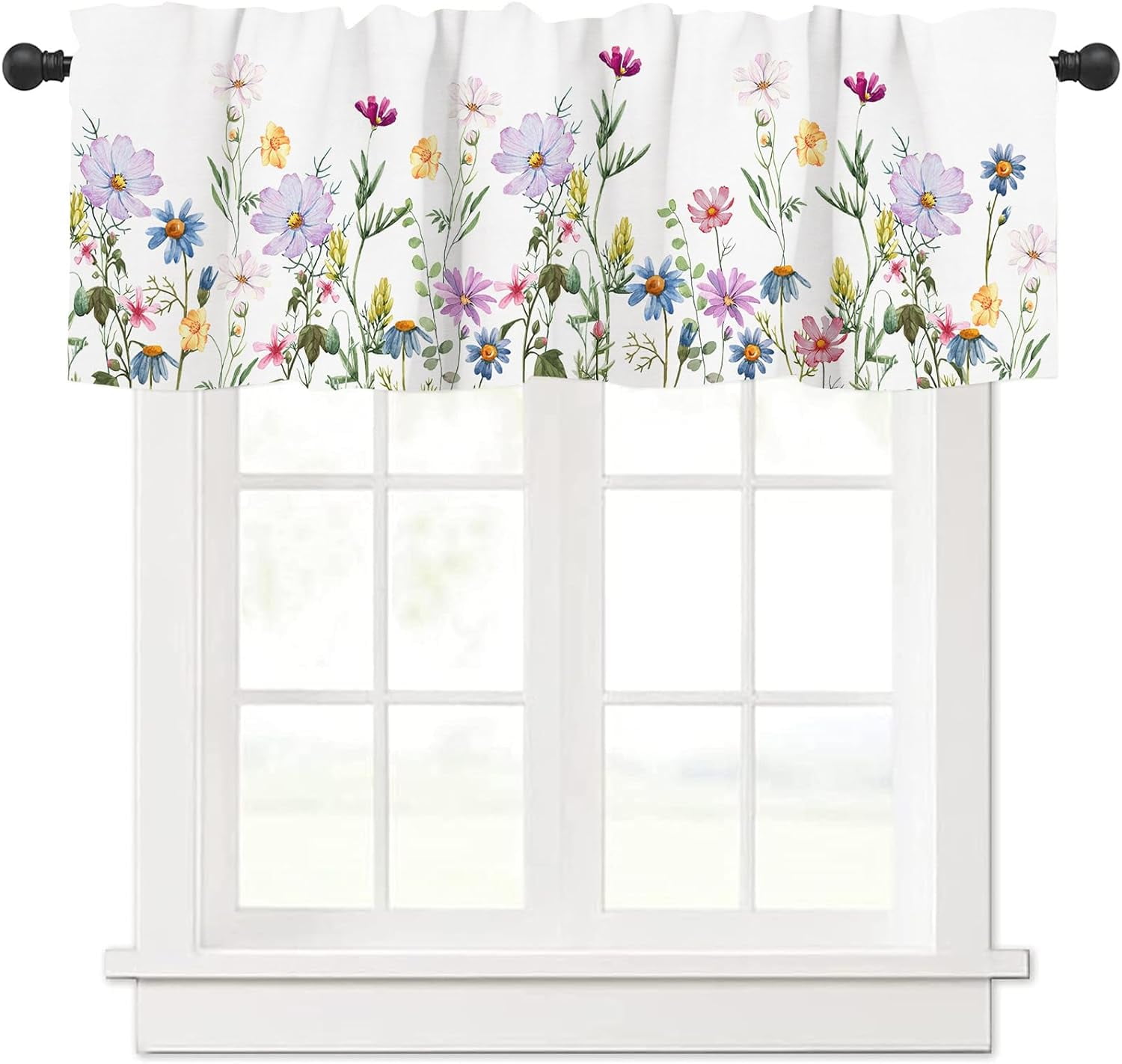 Spring Watercolor Floral Print Valance with Rod Pocket, 54" x 18"