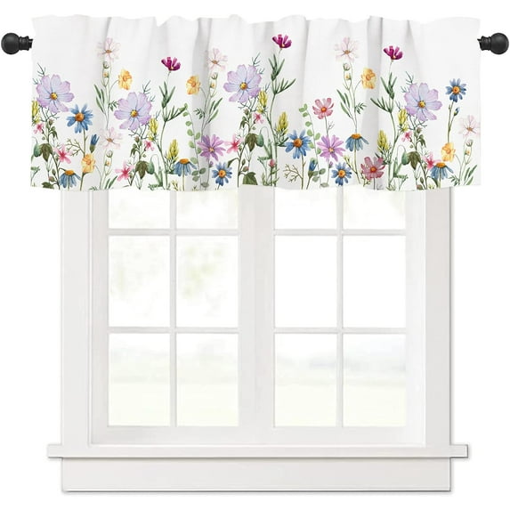 Jbralid Wildflowers Curtain Valance Spring Watercolor Flower Floral Print Valance Kitchen Curtains with Rod Pocket Plants Window Treatment Short Curtain Panels for Bedroom Living Room 54" X 18"