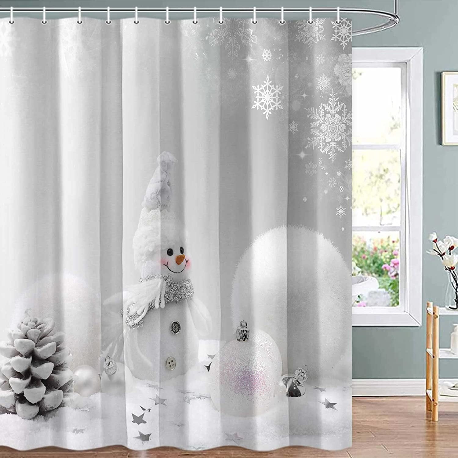 Jbralid Winter Christmas Shower Curtain, Snowman Snowflake Grey