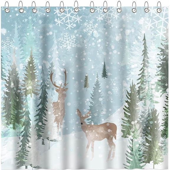 Jbralid Winter Deer Shower Curtain Deer and Forest Snow Forest Tree Scene Snowflake Christmas Shower Curtain Bathroom Bathtub Curtain 72x72 Inch with 12 Hooks