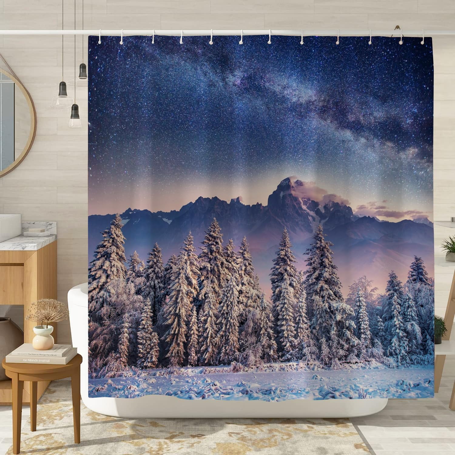 Jbralid Winter Forest Shower Curtain Set Galaxy Snowy Pine Trees and