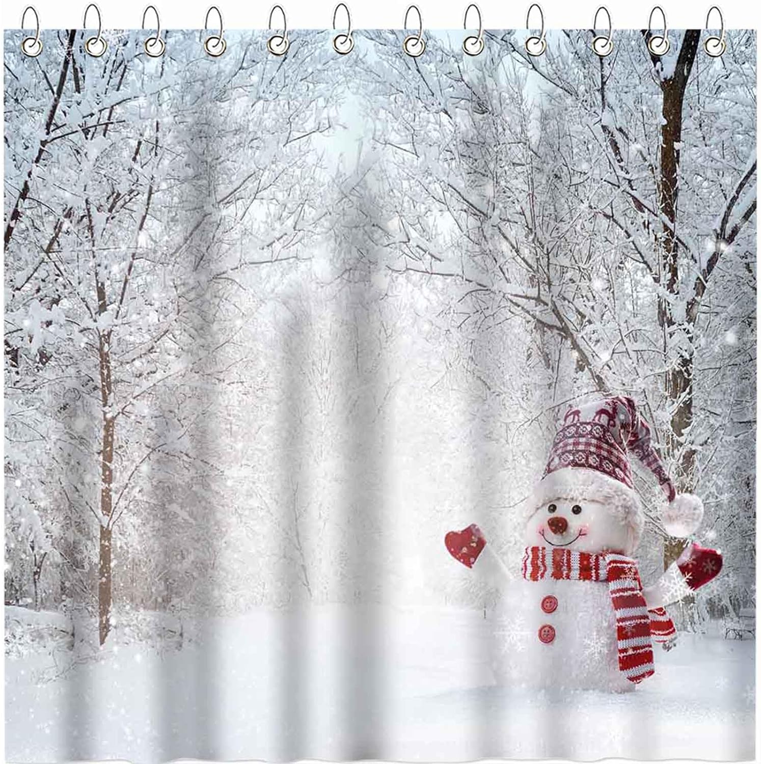 Jbralid Winter Snowman Shower Curtain Cute Snowman Snow Forest Tree