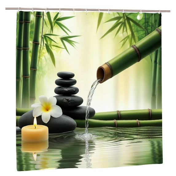 Jbralid Zen Bamboo Waterfall Shower Curtain with Stones and Candle for Home Bathroom Bath Tub Decor 72x72 inch