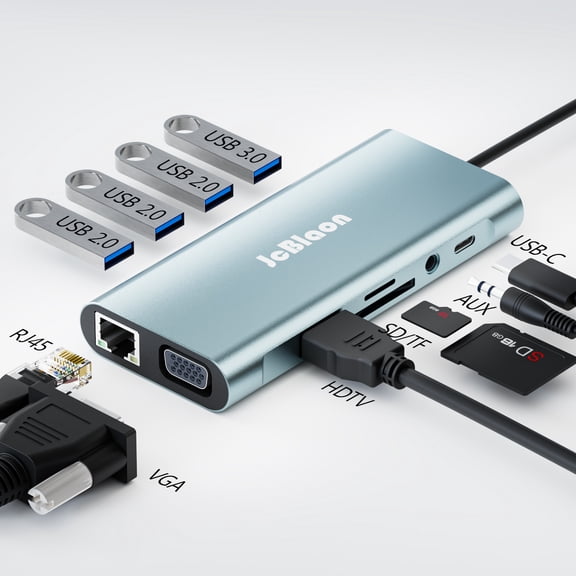 JcBlaon 11-in-1 USB C Hub USB Hub, 4K Dual Monitor with 1 HDMI, 4 USB 3.0 Gbps Data 1 Gbps Ethernet Hub, SD Card Reader, for XPS and More 3.5mm Audio Output Laptop Docking Station Dual Monitor,