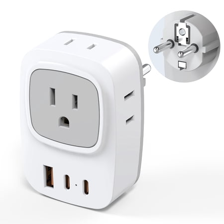 JcBlaon European Travel Plug Adapter US to Europe Type-C Foldable Power Plug with 4 Outlets 3 USB Ports (2 USB C) Power Adaptor for USA to EU Euro Iceland Spain Italy France Germany Greece