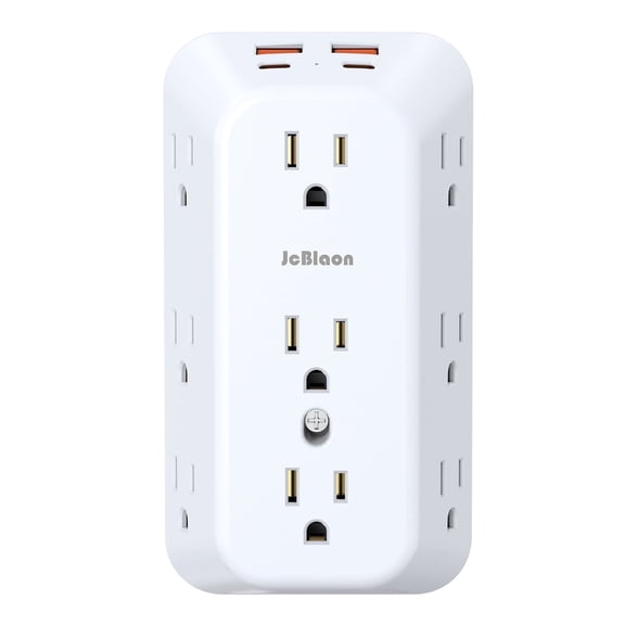 JcBlaon 9 Outlet Extender Surge Protector Splitter Adapter with 4 USB Ports (2 USB C) USB Wall Charger 4-Sided 1050J 1875W Multi Plug Wall Mount for Home Travel Office, White
