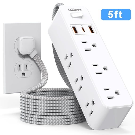 JcBlaon Power Strip Surge Protector,Thin Flat Plug Heavy Duty Extension Cord 5ft, 9 Outlets 3 USB Ports(1 USB C), for Indoor Outdoor Home Office Travel Dorm Room Essentials, White