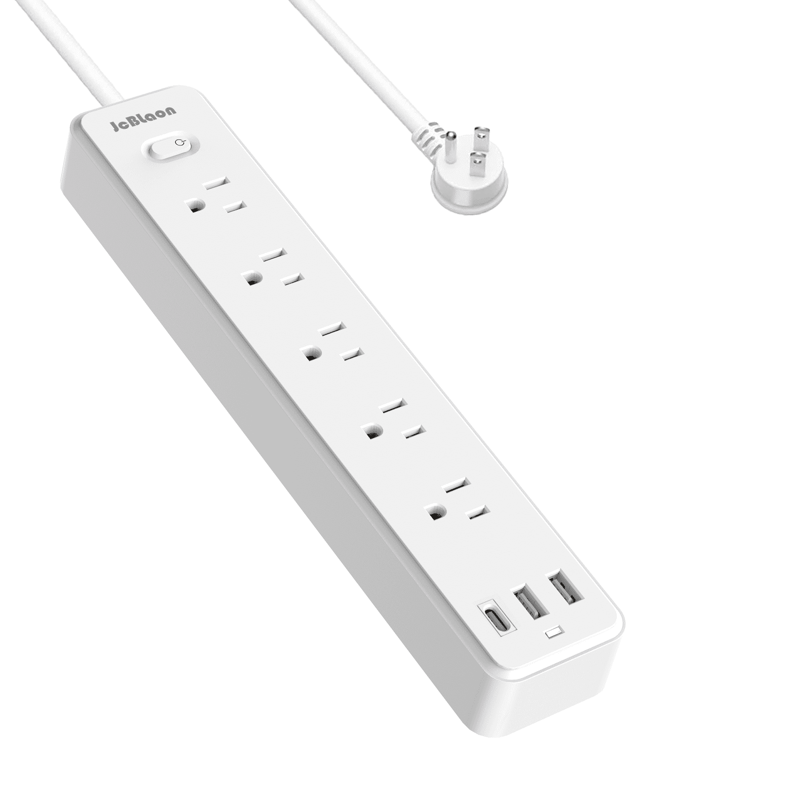 JcBlaon Surge Protector Power Strip with 3 USB Ports 5 Outlets Extender 6ft Extension Cords Low Profile Flat Plug, 1250W(125V/10A), White