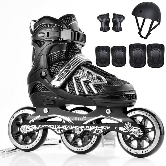 Jd Fresh 3 Wheel Inline Skates Skating Shoes For Boys & Girls Age 6 To 10 Years Liner Roller Skates For Kids With Skating Protection Kit Set, Color Black, Size Medium