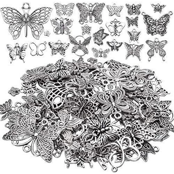 Jdesun 100g Craft Supplies Antique Silver Mixed Butterfly Charms Fly Insect Pendant Charms for DIY Necklace Bracelet Crafting,30-60pcs