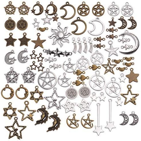 Jdesun 100pcs Mixed Sun Moon Star Charms Antique Alloy Celestial Charms Pentagram Pendants for Bracelets Necklaces Crafts