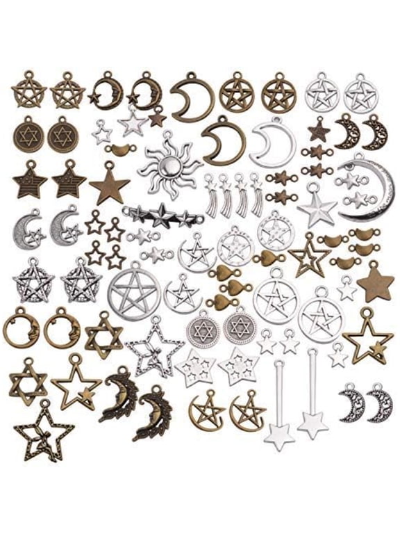 100pcs Mixed Sun Moon Star Charms Antique Alloy Celestial Charms Pentagram Pendants for Bracelets Necklaces Crafts