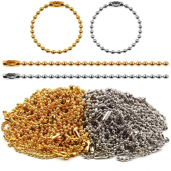 Jdesun 200 Pieces 100mm Long Bead Connector Clasp 2.4 mm Diameter Ball Chains Keychain Tag Key Rings, Silver and Gold