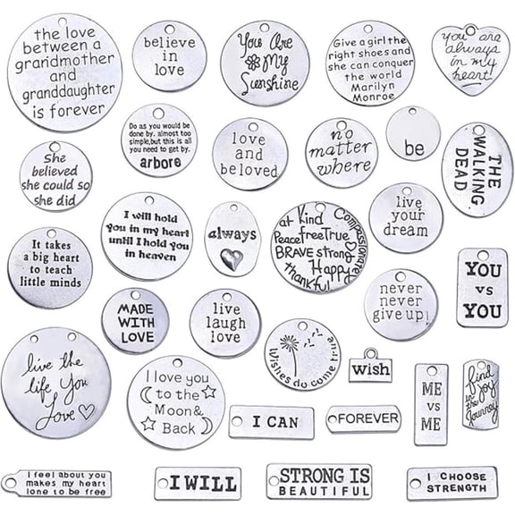 Jdesun 31 Pieces Inspiration Words Charms, Mixed Inspirational Message Charm Pendants for Crafting Necklace Bracelet