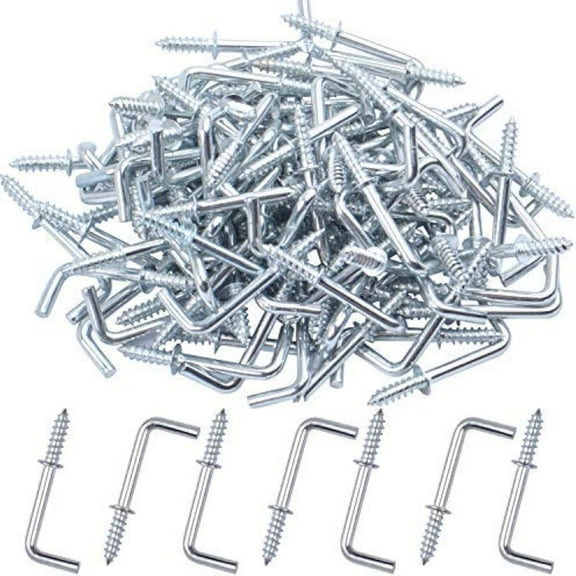 Jdesun Metal Screw in Hooks, 100pcs 3/4 Inch Right Angle Screw Hooks Square Bend Hooks Self-Taping Scew Hook for Hanging, Silver