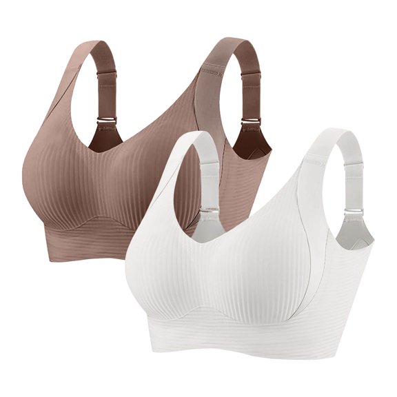 Jdkau 2 Pack Push Up Bras for Women Full Coverage Ribbed Bralettes Adjustable Wireless Bra, Soft Comfortable Seamless Bras(Light Yellow,L)