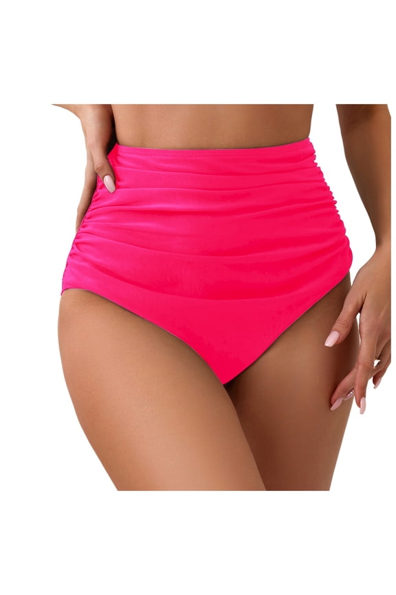 Bathing Suit Bottoms Womens Swim Bottoms High Waisted Bikini Bottom Tummy Control Ruched Swim Bottoms(Hot Pink,L)