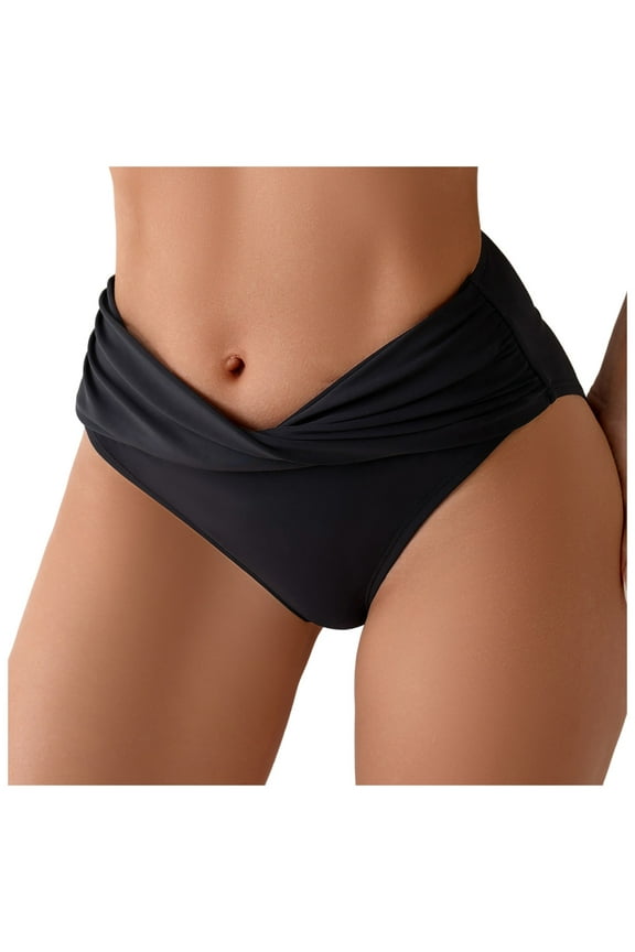 Bikini Bottoms for Women Swim Bottoms V Cut Moderate Coverage Twist Bikini Bottom Ruched Swimsuit Bottom（Black,L）