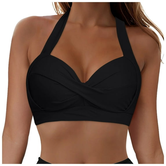Jdkau Bikini Top Women Halter Bikini Tops Push Up Bikini Top V Neck Twist Front Swimsuit Top Full Coverage Bikini(Black,M)