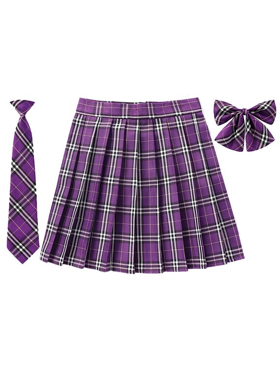 Knee Length Skirts for Women Pleated Skirts Y2k Mini Skirt High Waist A-Line Uniform Skorts With Necktie Bowtie Plaid Cheer Skort(Purple,L)