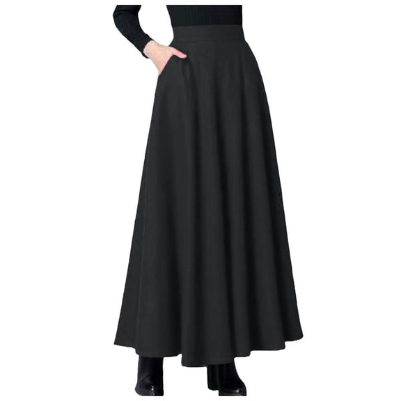Jdkau Long Flowy Skirts for Women Casual High-Waisted Pleated Maxi Skirt Solid Long Vintage Skirt with Pockets（Black,M）