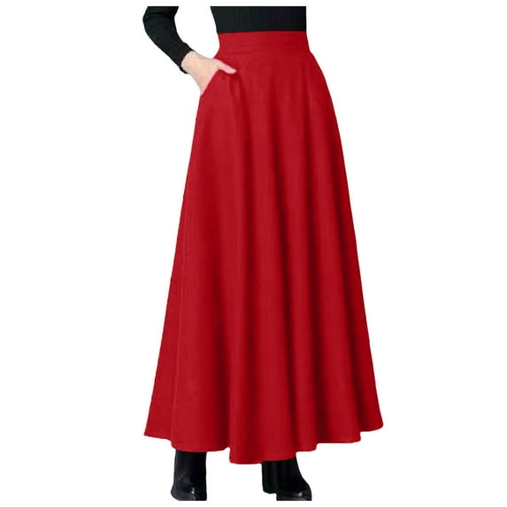 Jdkau Long Flowy Skirts for Women Casual High-Waisted Pleated Maxi Skirt Solid Long Vintage Skirt with Pockets(Red,XXL)