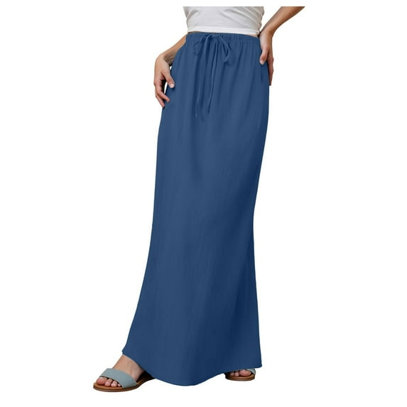 Jdkau Maxi Skirts for Women Cotton Linen Drawstring A-Line Casual Loose Flowy Long Beach Skirt Summer Skirts for Women(Blue,M)