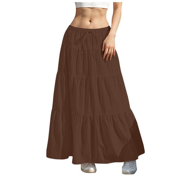 Jdkau Skirts for Women Summer Boho Flowy Swing Tiered A-Line Maxi Skirt Flowy Skirts for Women Elastic Waist Casual Long Dress(Coffee,XL)