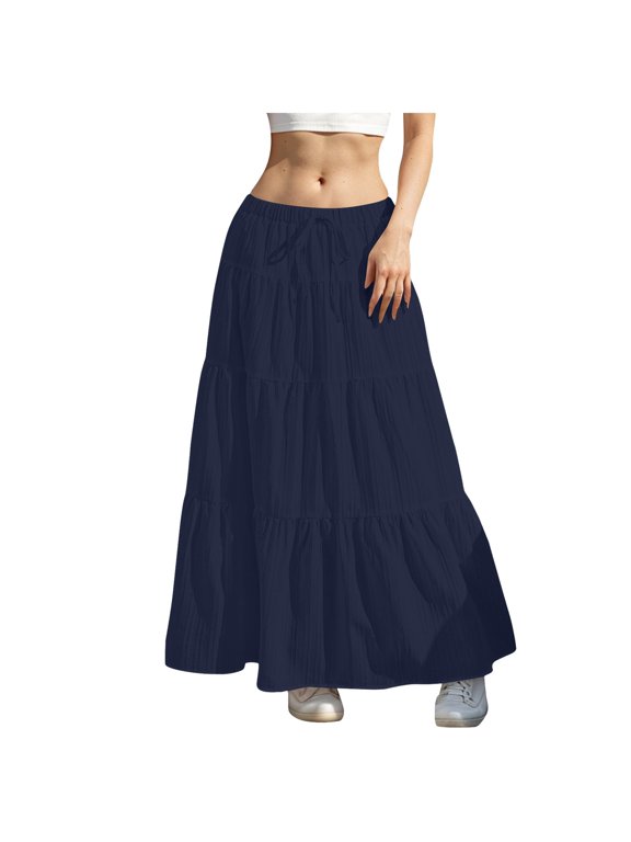 Skirts for Women Summer Boho Flowy Swing Tiered A-Line Maxi Skirt Flowy Skirts for Women Elastic Waist Casual Long Dress(Dark Blue,XXL)