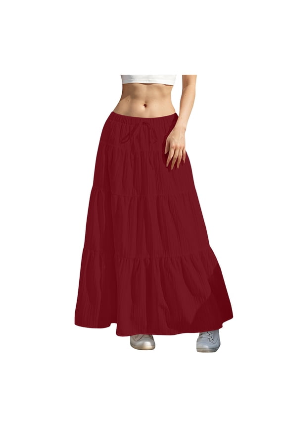 Skirts for Women Summer Boho Flowy Swing Tiered A-Line Maxi Skirt Flowy Skirts for Women Elastic Waist Casual Long Dress（Red,M）