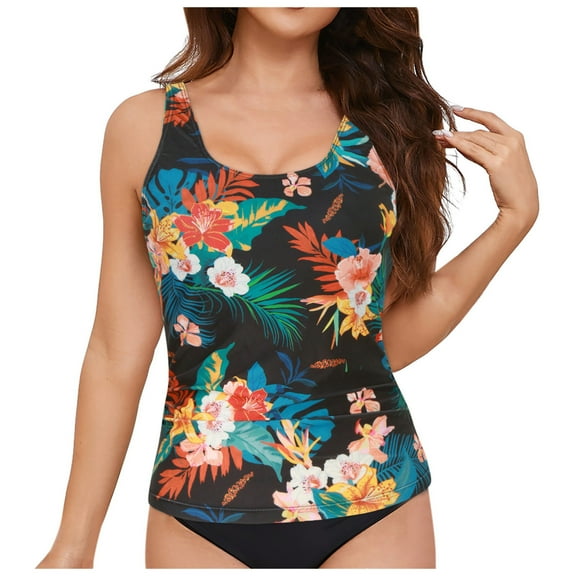 Jdkau Tankini Tops for Women Swimwear Top Only Tummy Control Tankini U Neck Wide Straps Swimwear Tops No Bottom(Dark Blue,M)