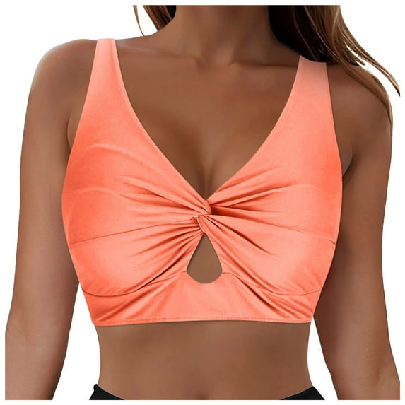 Jdkau Women's Twist Front Bikini Top Ruffle Bathing Suit Cut Out Bikini Tops Adjustable Swimsuit Tops Only(Orange,L)